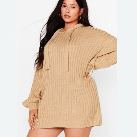 Tan Hooded Sweater Dress M